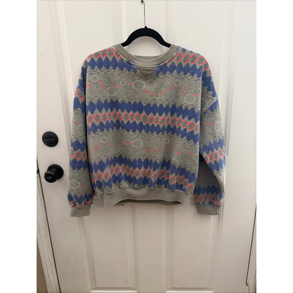 Vintage | 80s/90s Geometric Pattern Crewneck Sweatshirt | L || Grey Blue Pink|